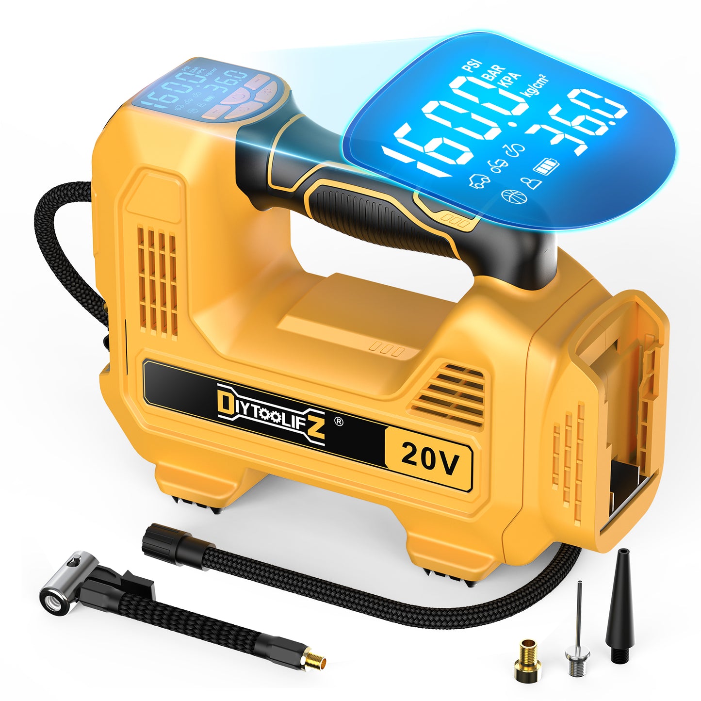 DIYtoolifz 160PSI Cordless Tire Inflator Compatible with Dewalt 20V Battery | Portable Air Compressor Air Pump Automatic Shut Off, LED Light, Digital Pressure Gauge for Cars Motorcycles Ball (Tool Only)