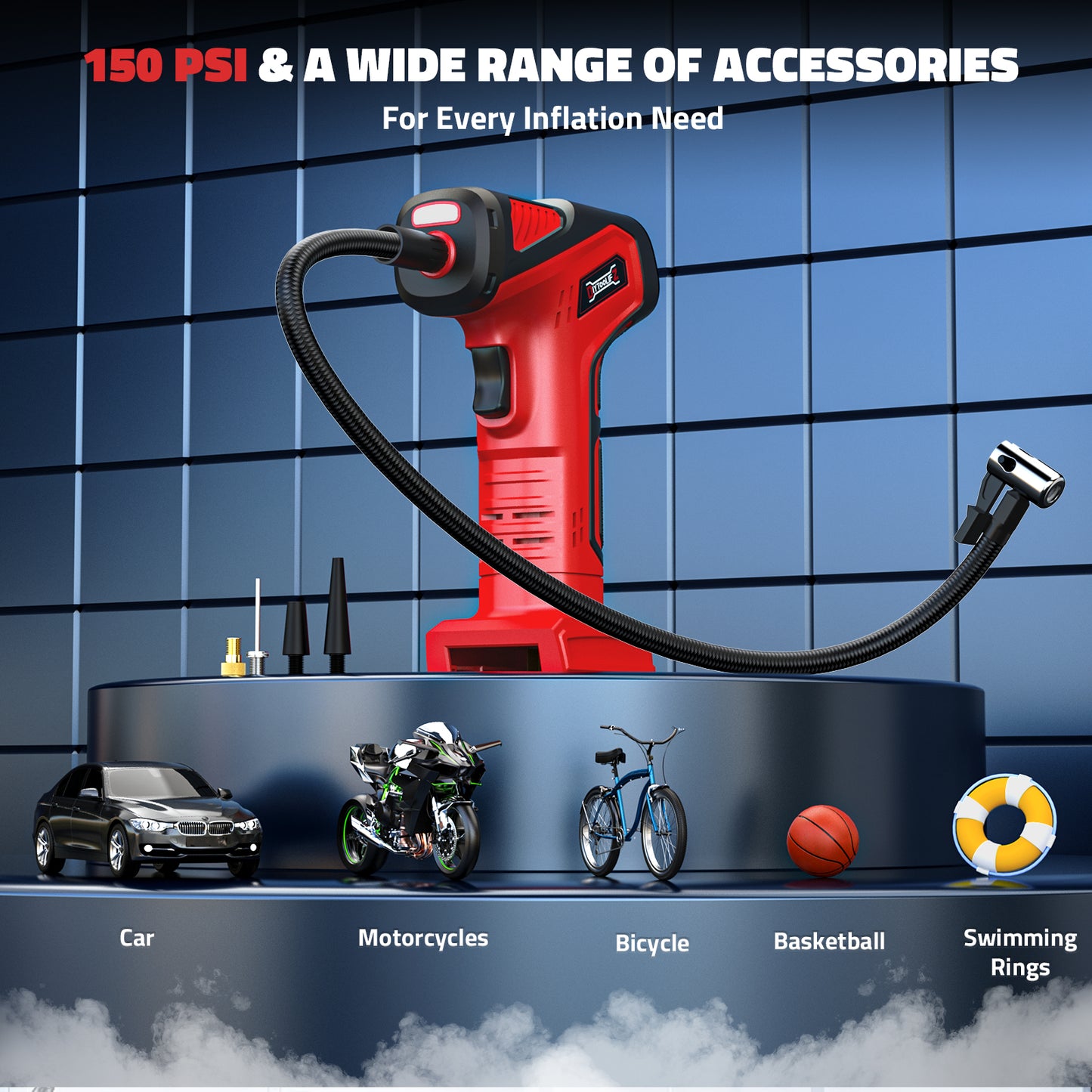 DIYtoolifz 150PSI Tire Inflator Compatible with Milwaukee 18V Battery | Portable Air Compressor Pump Car Tire Pump with Digital Pressure Gauge & LED Light for Auto, Motorcycles, Balls (Tool Only)