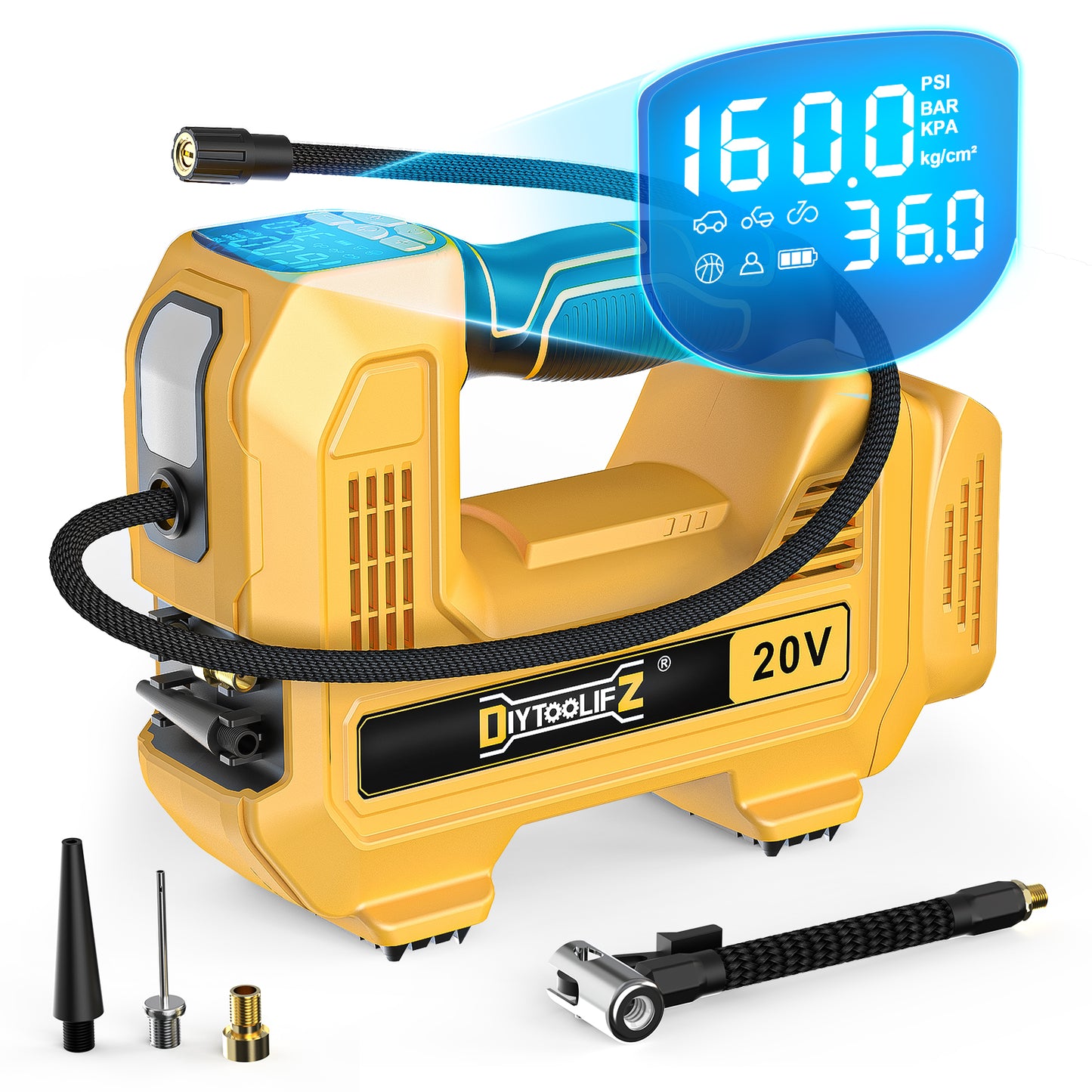 DIYtoolifz 160PSI Cordless Tire Inflator Compatible with Dewalt 20V Battery | Portable Air Compressor Air Pump Automatic Shut Off, LED Light, Digital Pressure Gauge for Cars Motorcycles Ball (Tool Only)