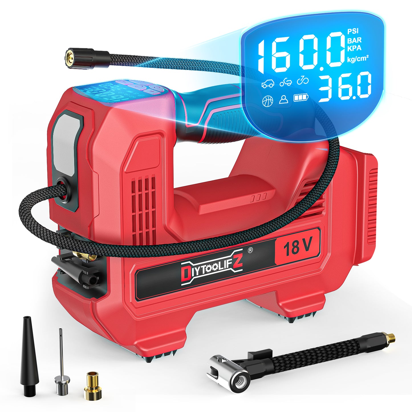 DIYtoolifz 160PSI Cordless Tire Inflator Compatible with Milwaukee 18V Air Compressor, Portable Air Pump Automatic Shut Off, LED Light, Digital Pressure Gauge for Cars Motorcycles Bikes (Tool Only)