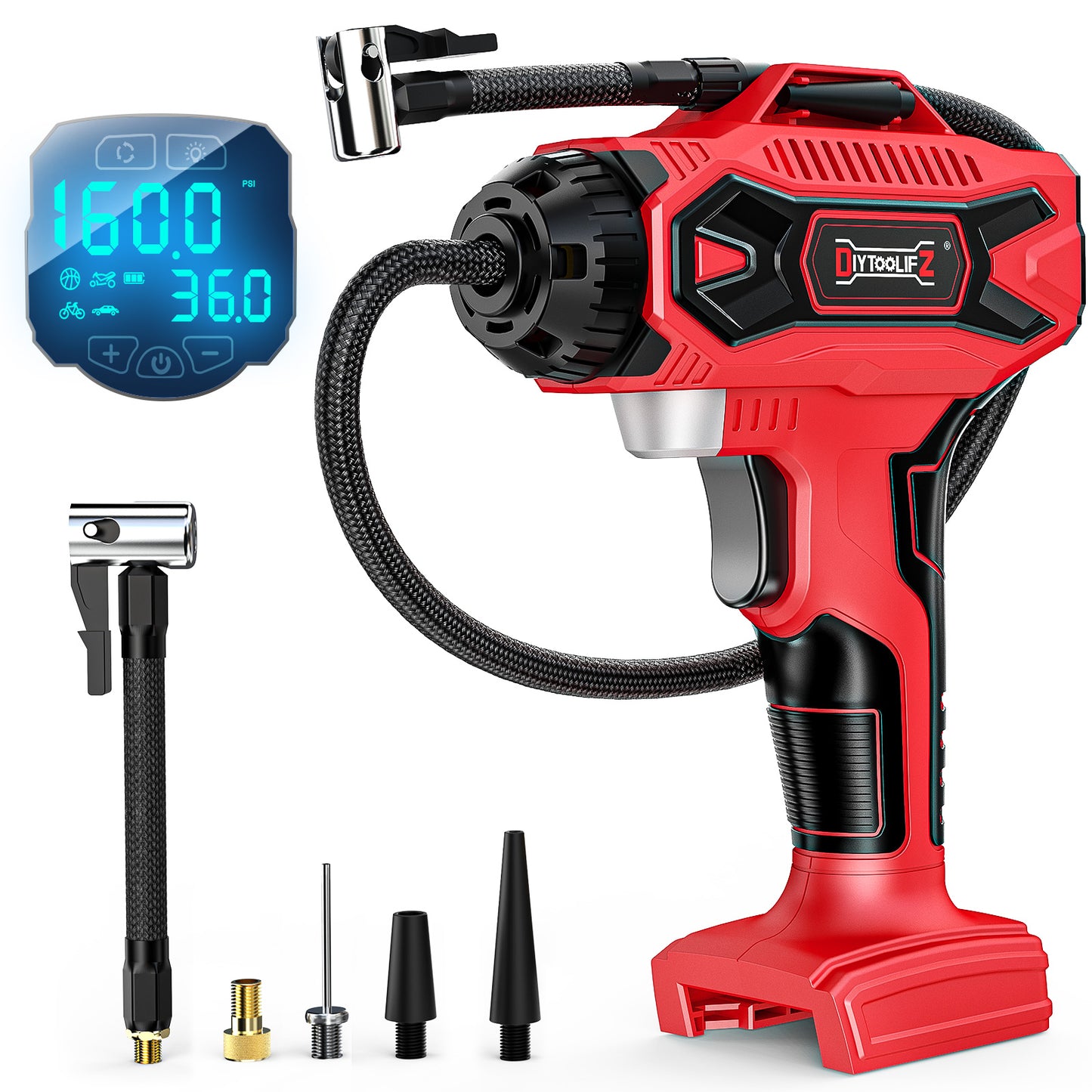 DIYtoolifz 160PSI Tire Inflator Compatible with Milwauke 18V Battery | Portable Air Compressor Cordless Air Pump with Digital Pressure Gauge for Cars, SUV, Motorcycles, Bikes, Balls (Tool Only)
