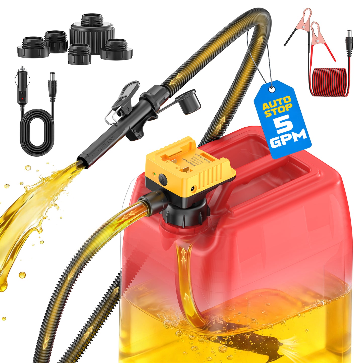 DIYtoolifz 5 GPM Cordless Fuel Transfer Pump with Auto Shut-Off & Beep Alert, Compatible with DeWalt 20V & Milwaukee 18V Batteries, Gas Can Pump for Gasoline/Diesel, 51" Hose & 5 Adapters (Bare Tool)