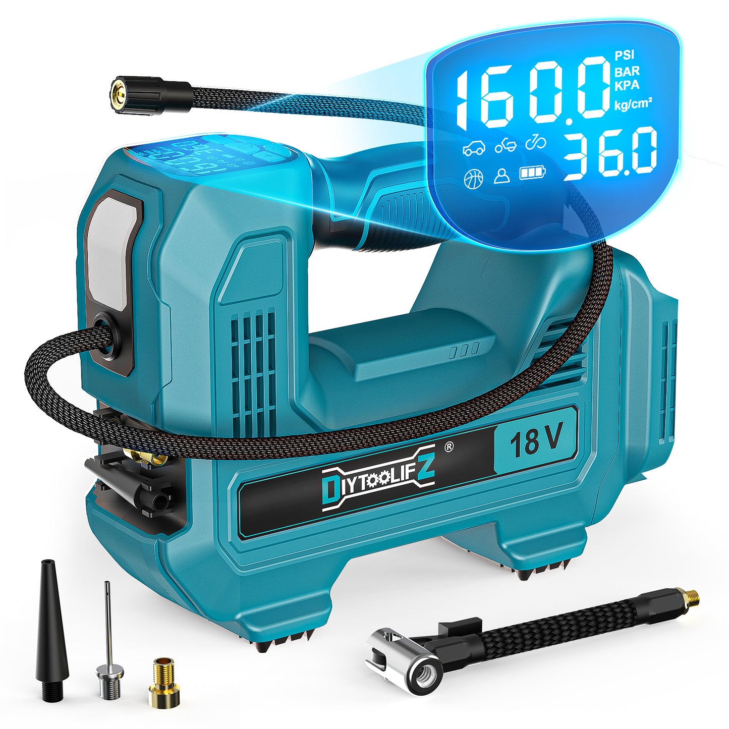 DIYtoolifz 160PSI Cordless Tire Inflator Compatible with Makita 18V Battery | Portable Air Compressor Air Pump Automatic Shut Off, LED Light, Digital Pressure Gauge for Cars Motorcycles Ball (Tool Only)