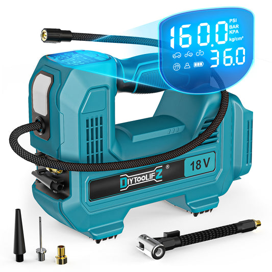 DIYtoolifz 160PSI Cordless Tire Inflator Compatible with Makita 18V Battery | Portable Air Compressor Air Pump Automatic Shut Off, LED Light, Digital Pressure Gauge for Cars Motorcycles Ball (Tool Only)