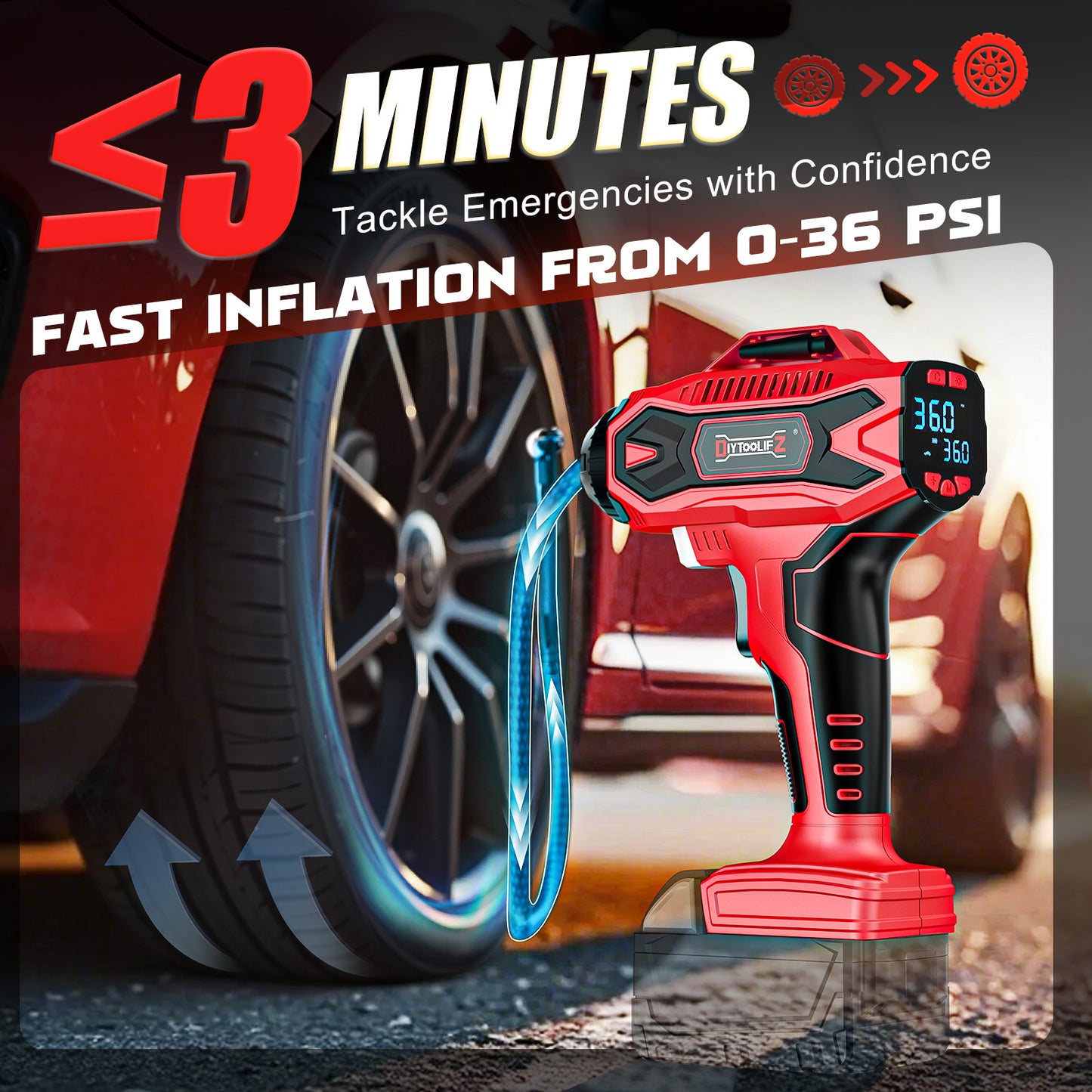 DIYtoolifz 160PSI Tire Inflator Compatible with Milwauke 18V Battery | Portable Air Compressor Cordless Air Pump with Digital Pressure Gauge for Cars, SUV, Motorcycles, Bikes, Balls (Tool Only)