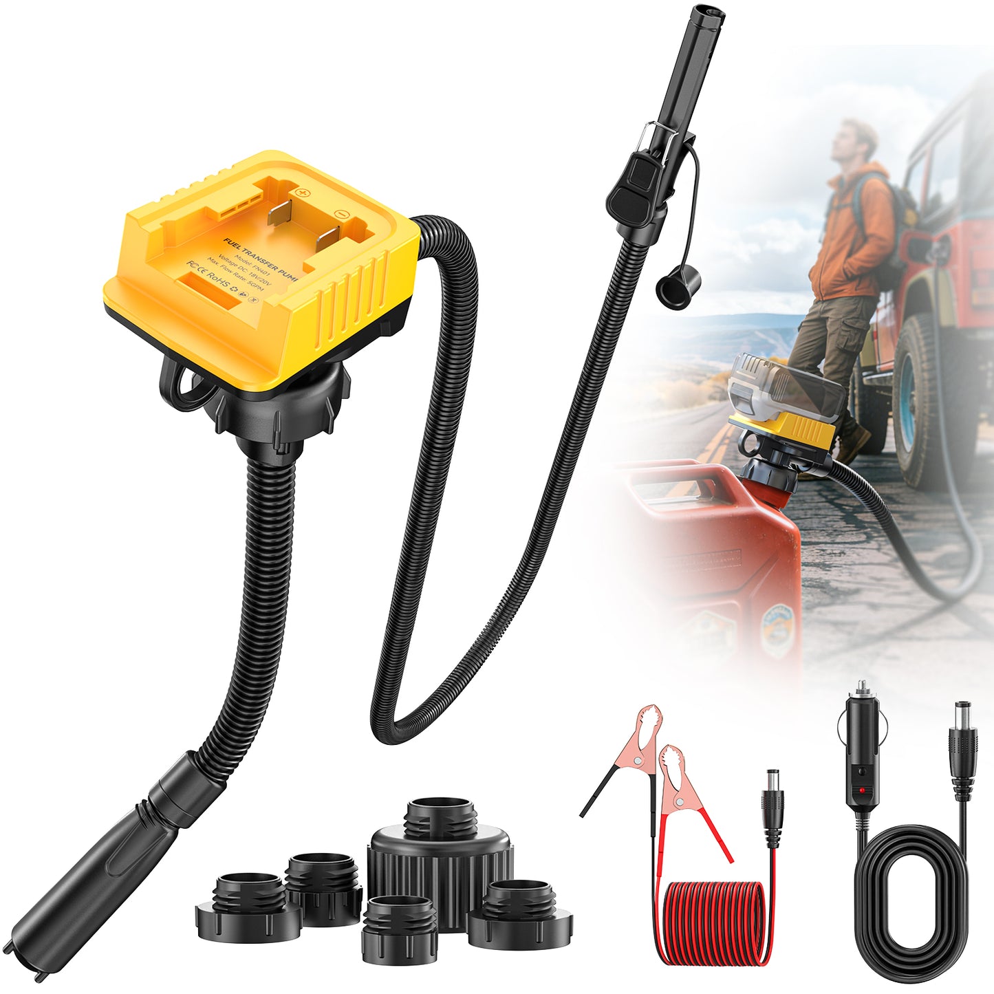 DIYtoolifz 5 GPM Cordless Fuel Transfer Pump with Auto Shut-Off & Beep Alert, Compatible with DeWalt 20V & Milwaukee 18V Batteries, Gas Can Pump for Gasoline/Diesel, 51" Hose & 5 Adapters (Bare Tool)