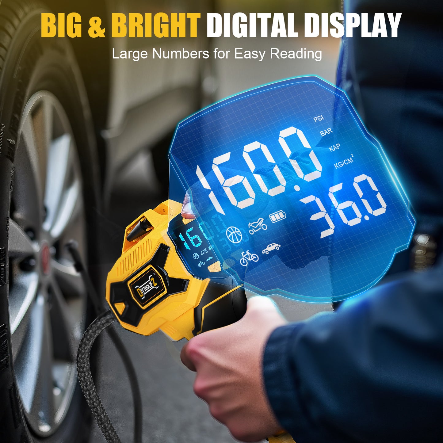 DIYtoolifz 160PSI Cordless Tire Inflator Compatible with Dewalt 20V Battery | Portable Air Compressor Air Pump with Digital Pressure Gauge, Fast Inflation for Cars, Motorcycles, Bikes (Tool Onlyl)