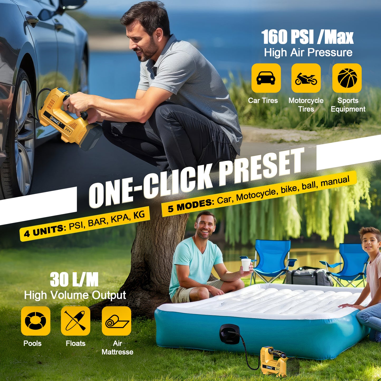 DIYtoolifz 160PSI Cordless Tire Inflator Compatible with Dewalt 20V Battery | Portable Air Compressor Air Pump Automatic Shut Off, LED Light, Digital Pressure Gauge for Cars Motorcycles Ball (Tool Only)