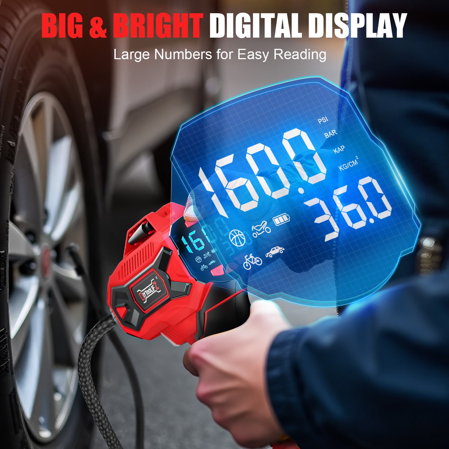 DIYtoolifz 160PSI Tire Inflator Compatible with Milwauke 18V Battery | Portable Air Compressor Cordless Air Pump with Digital Pressure Gauge for Cars, SUV, Motorcycles, Bikes, Balls (Tool Only)