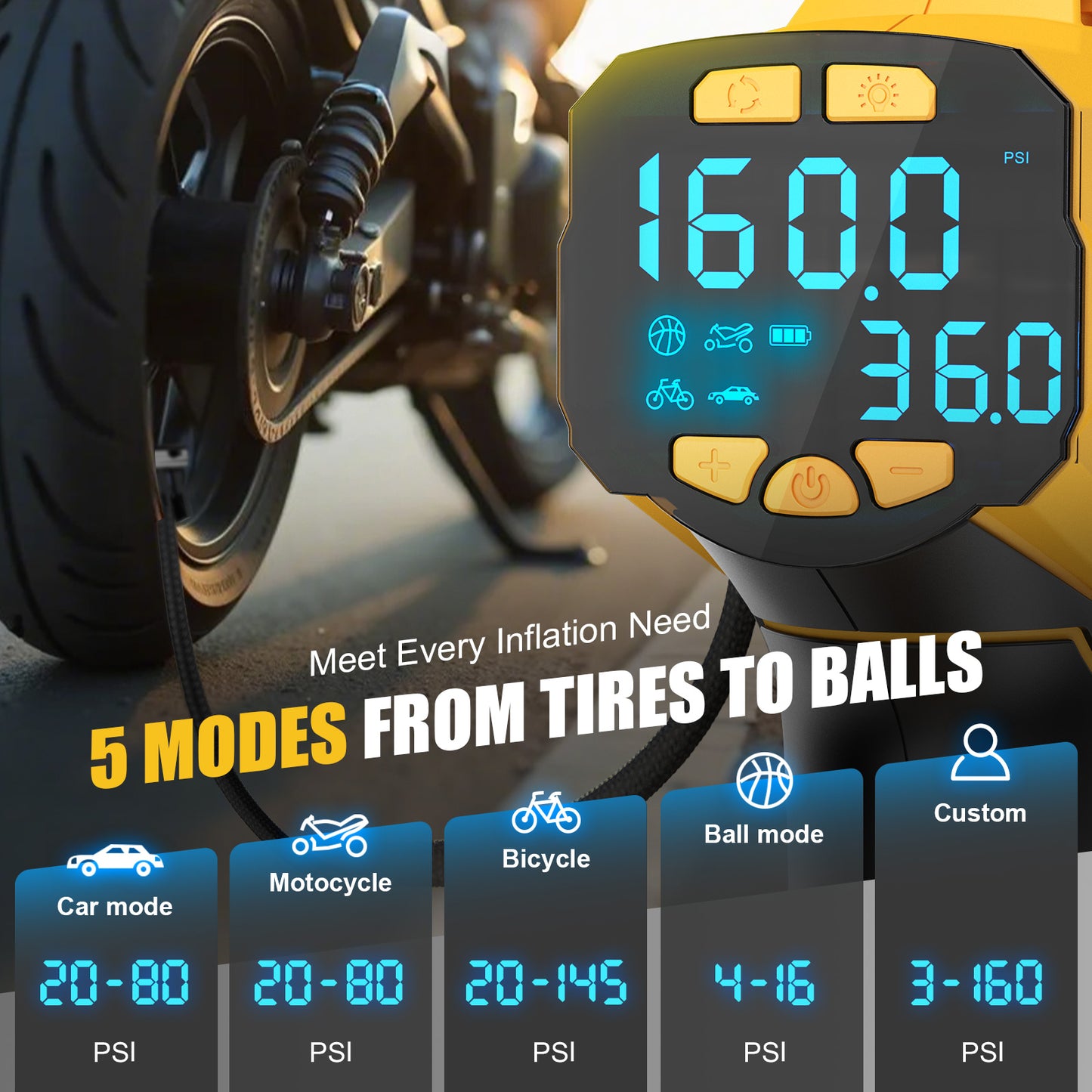 DIYtoolifz 160PSI Cordless Tire Inflator Compatible with Dewalt 20V Battery | Portable Air Compressor Air Pump with Digital Pressure Gauge, Fast Inflation for Cars, Motorcycles, Bikes (Tool Onlyl)