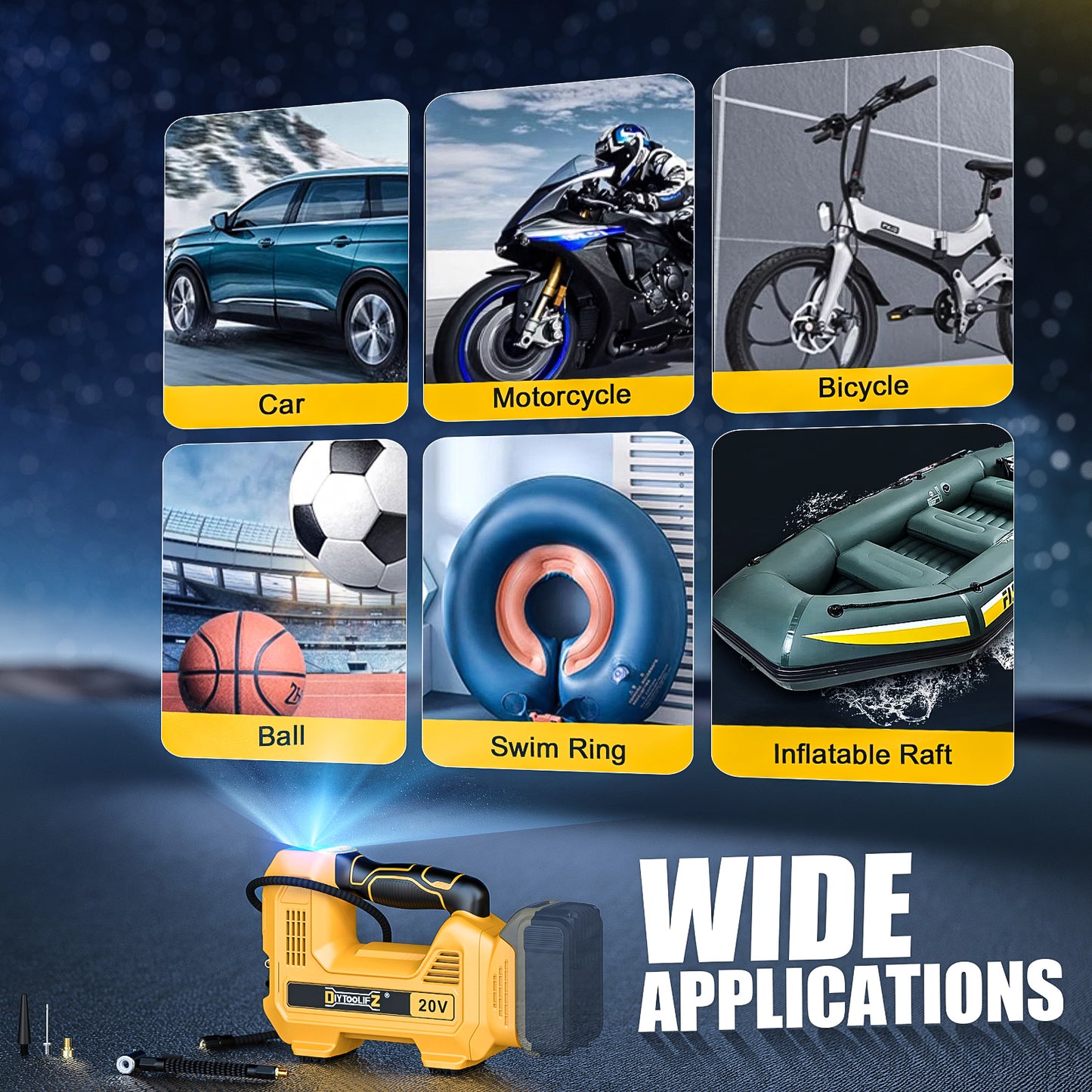DIYtoolifz 160PSI Cordless Tire Inflator Compatible with Dewalt 20V Battery | Portable Air Compressor Air Pump Automatic Shut Off, LED Light, Digital Pressure Gauge for Cars Motorcycles Ball (Tool Only)