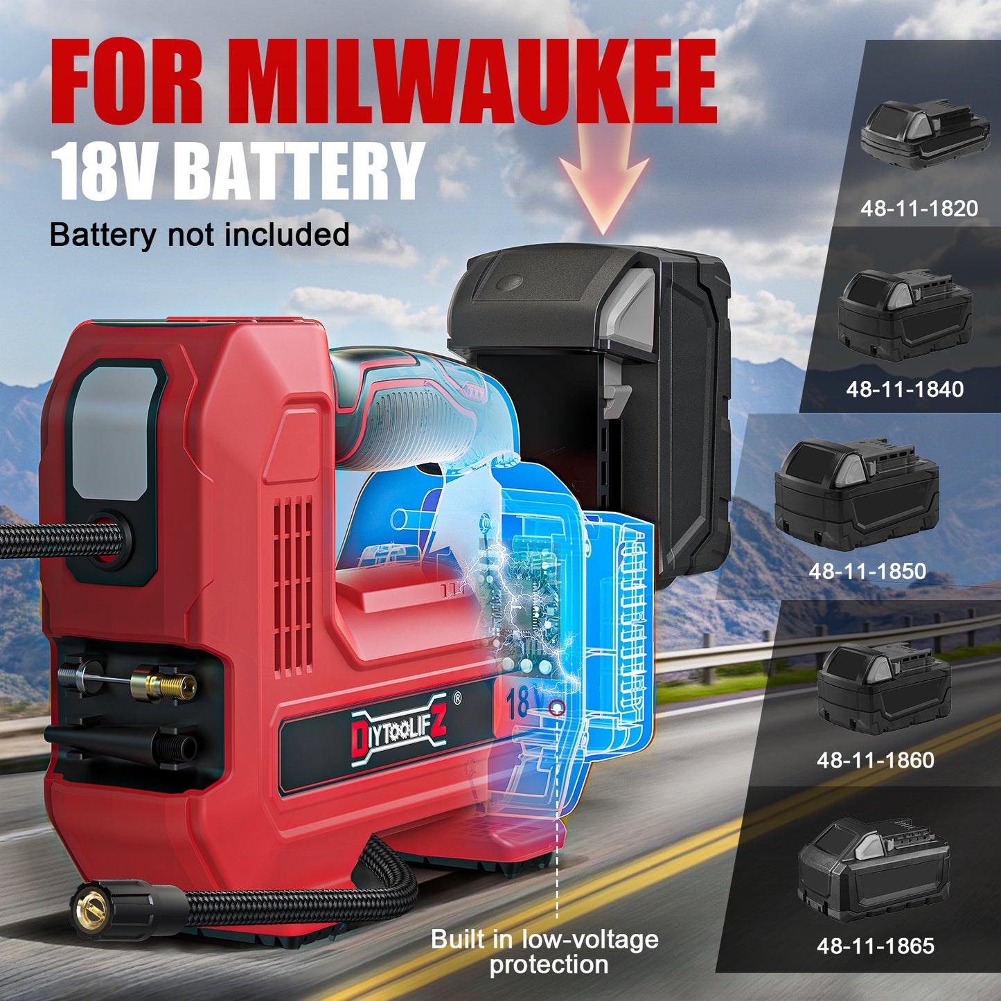 DIYtoolifz 160PSI Cordless Tire Inflator Compatible with Milwaukee 18V Air Compressor, Portable Air Pump Automatic Shut Off, LED Light, Digital Pressure Gauge for Cars Motorcycles Bikes (Tool Only)