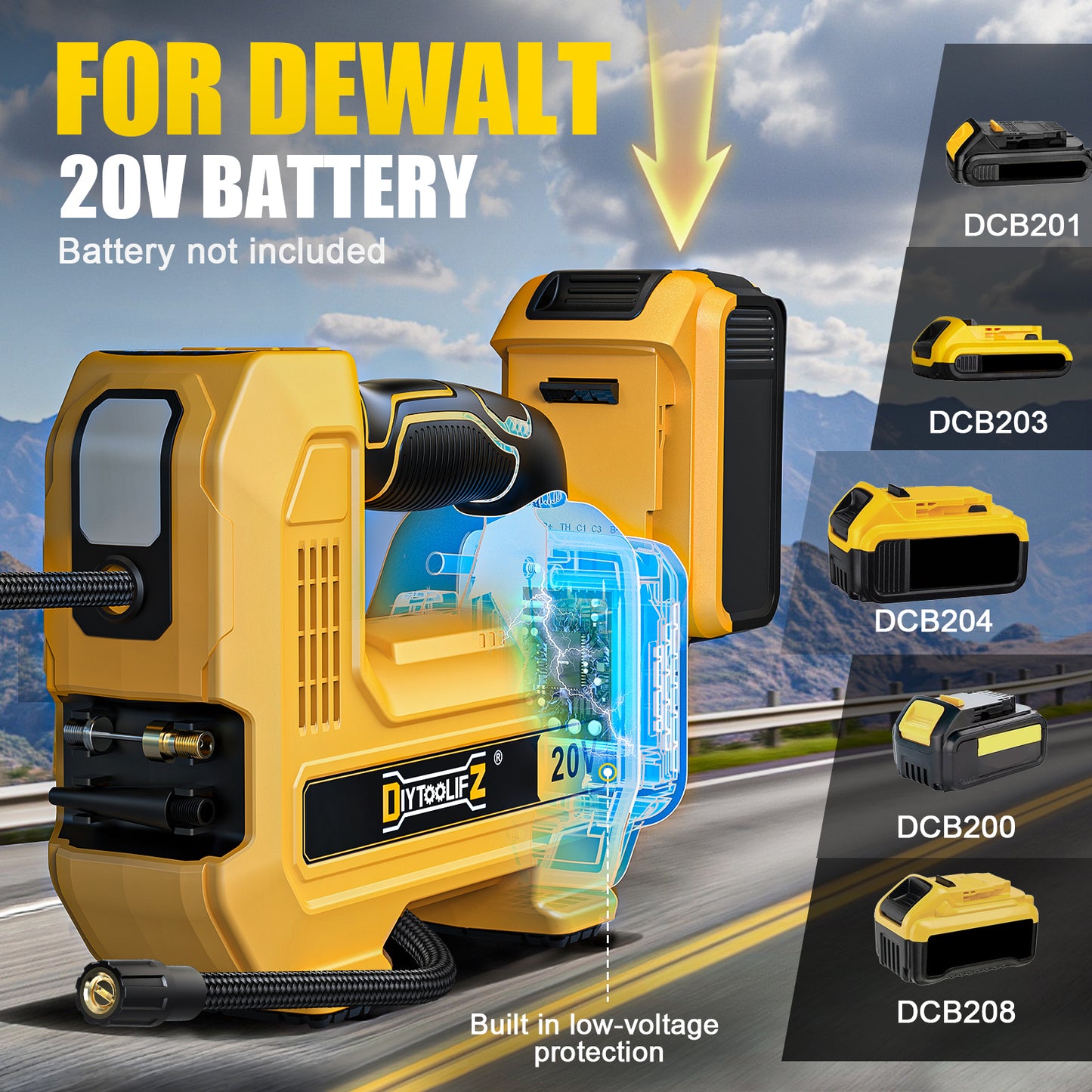 DIYtoolifz 160PSI Cordless Tire Inflator Compatible with Dewalt 20V Battery | Portable Air Compressor Air Pump Automatic Shut Off, LED Light, Digital Pressure Gauge for Cars Motorcycles Ball (Tool Only)