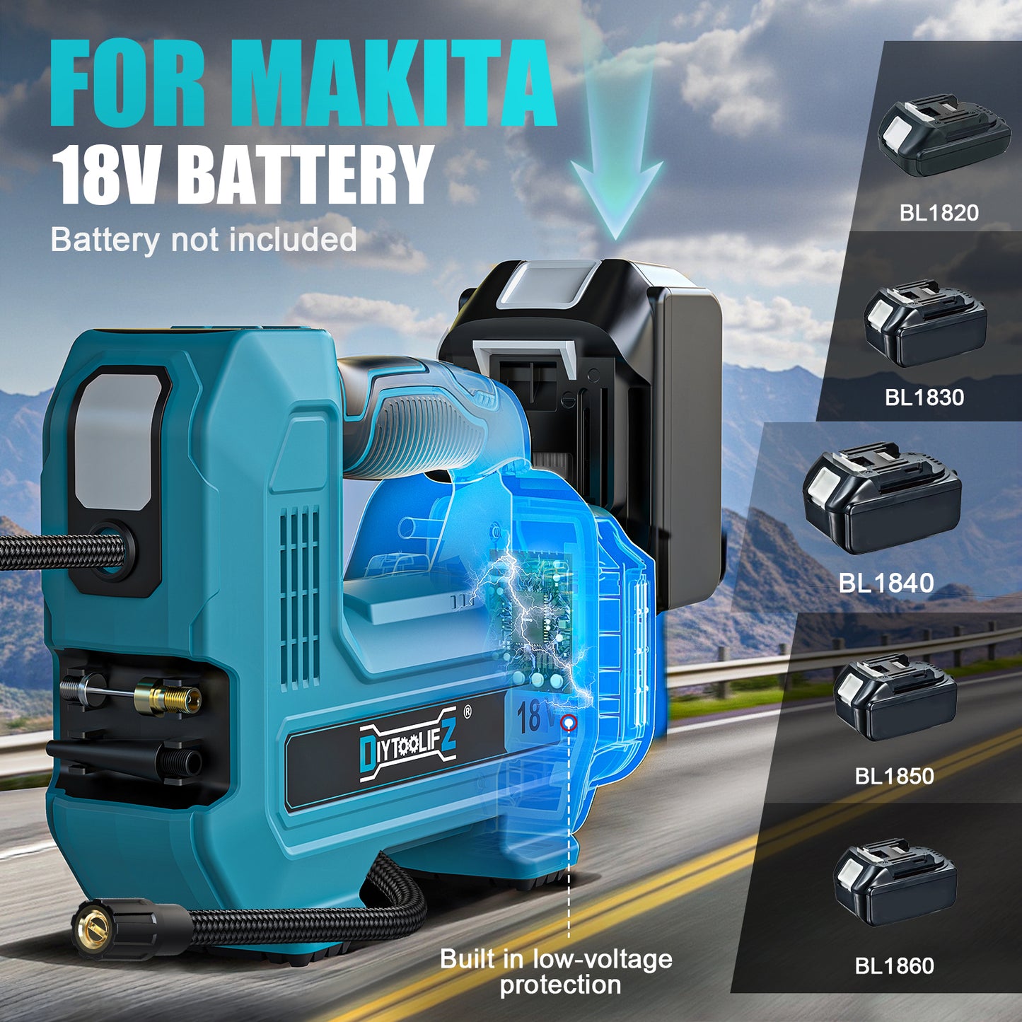 DIYtoolifz 160PSI Cordless Tire Inflator Compatible with Makita 18V Battery | Portable Air Compressor Air Pump Automatic Shut Off, LED Light, Digital Pressure Gauge for Cars Motorcycles Ball (Tool Only)