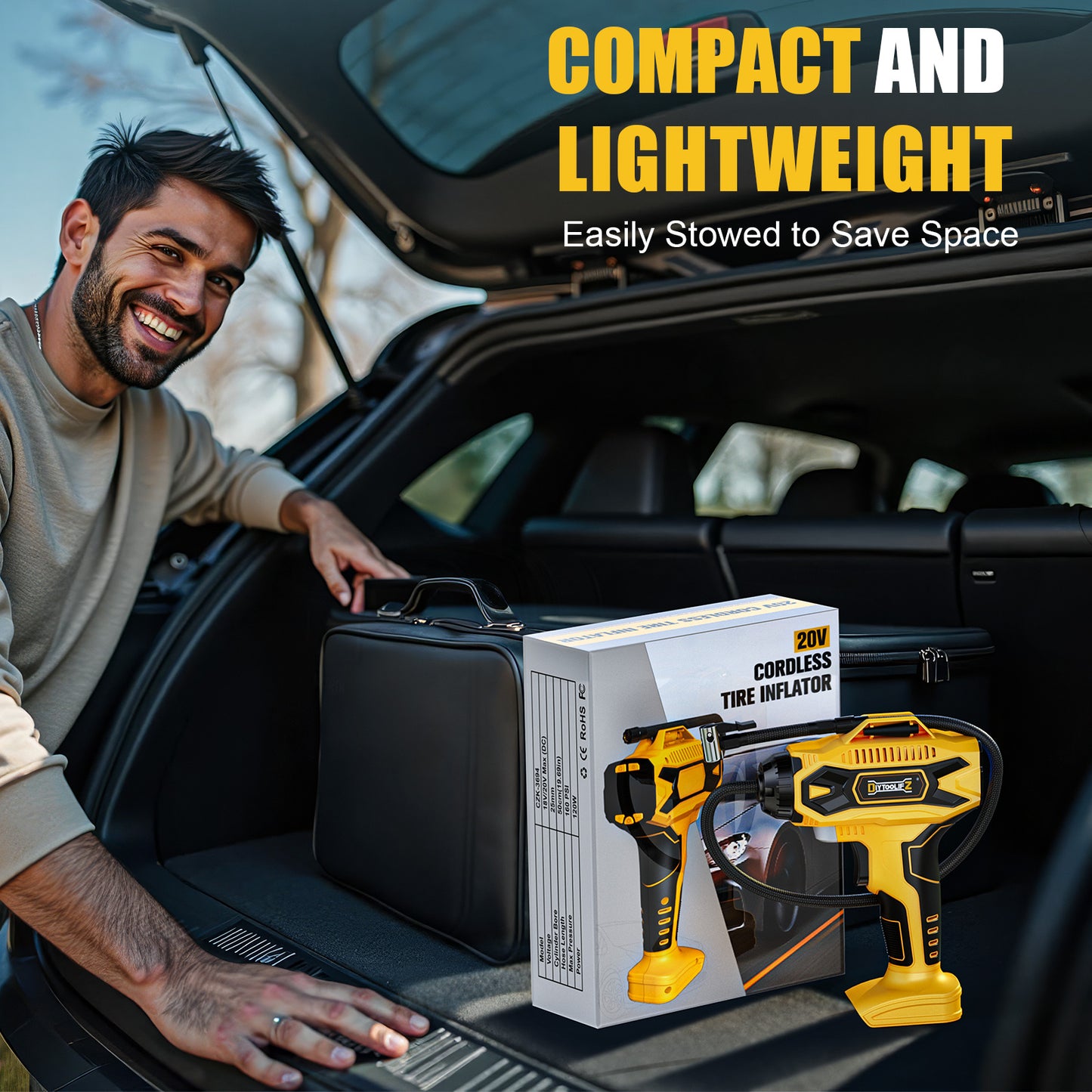 DIYtoolifz 160PSI Cordless Tire Inflator Compatible with Dewalt 20V Battery | Portable Air Compressor Air Pump with Digital Pressure Gauge, Fast Inflation for Cars, Motorcycles, Bikes (Tool Onlyl)