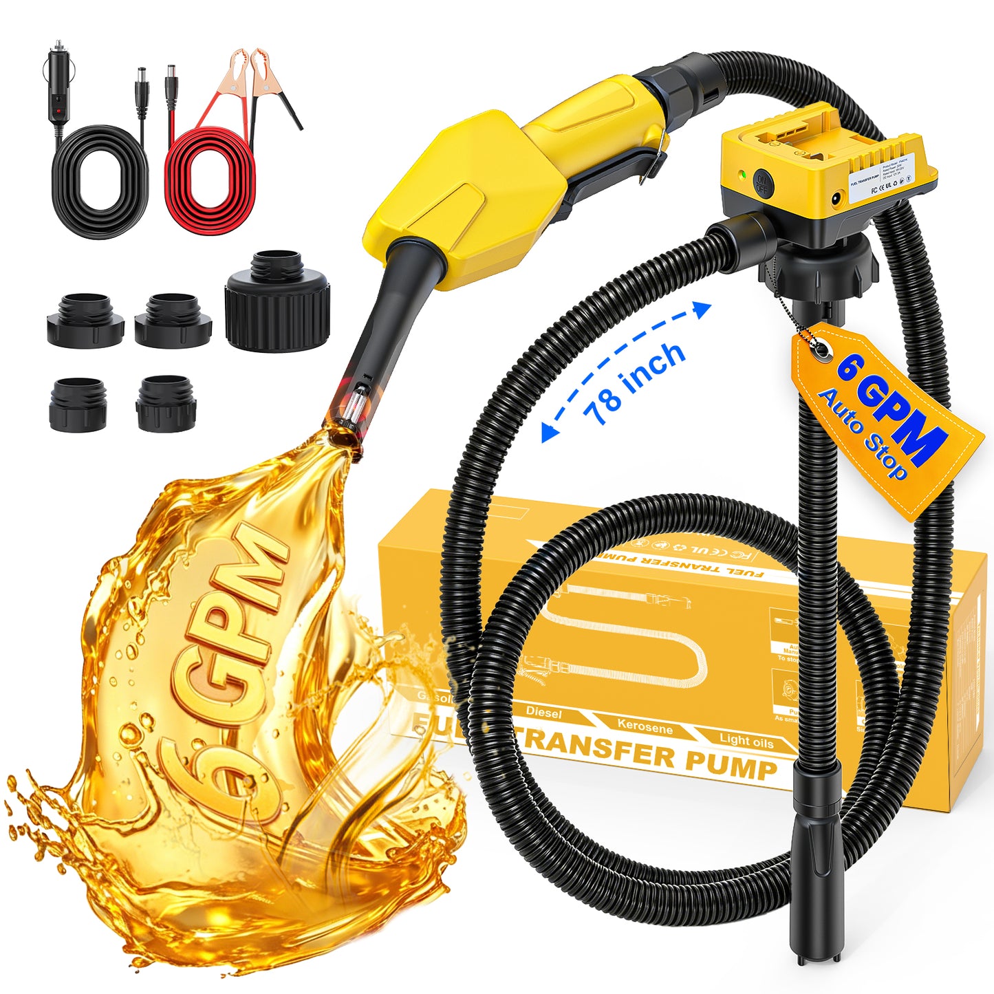 DIYtoolifz 6 GPM Cordless Fuel Transfer Pump Compatible with Dewalt 20V | Battery Powered Gas Pump Compatible with Milwaukee 18V, Auto-Stop & Hand Nozzle, 78 Inch Hose & 5 Adapters, Tool Only
