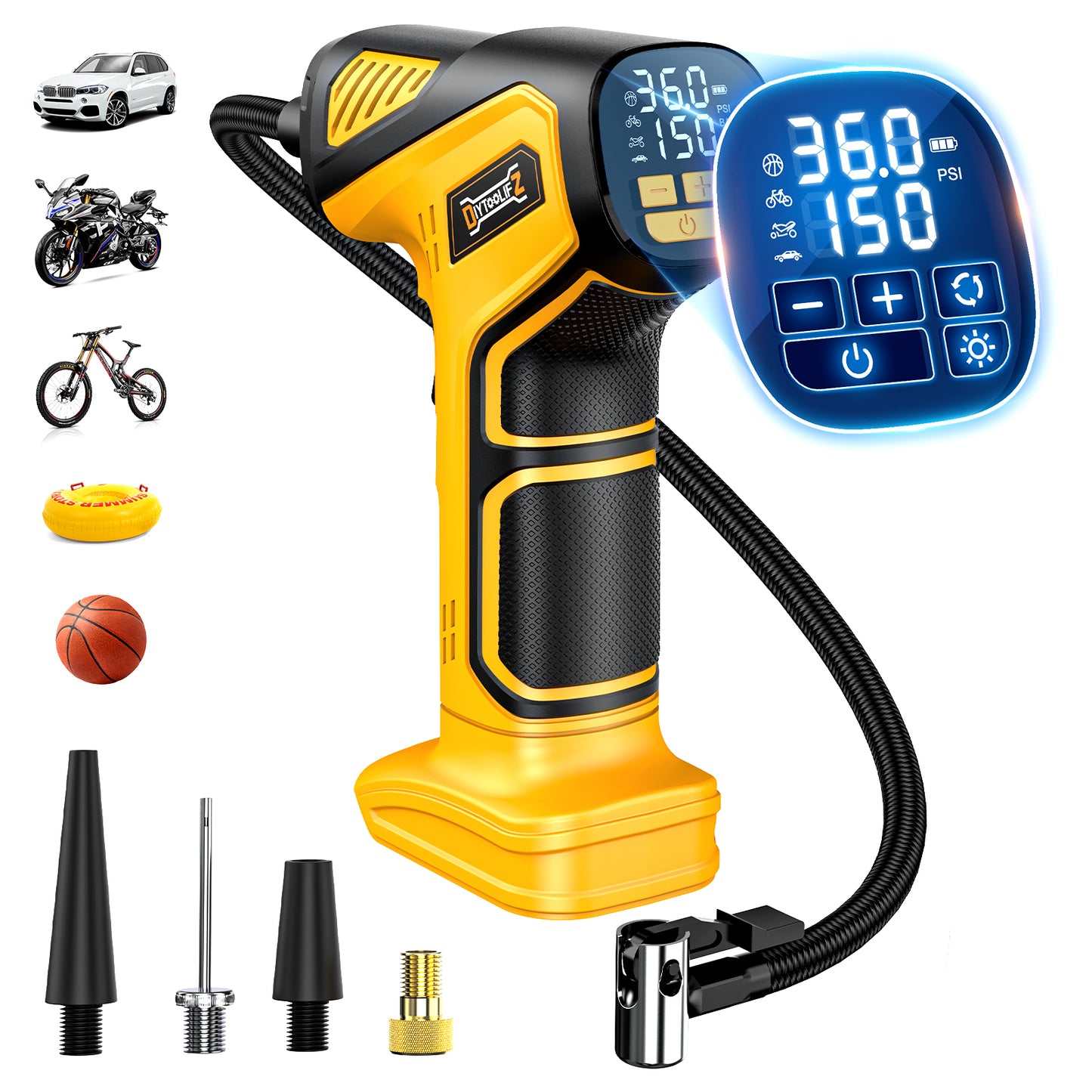 DIYtoolifz 150PSI Cordless Tire Inflator Compatible with Dewalt 20V Battery | Portable Air Compressor Pump Car Tire Pump with Digital Pressure Gauge & LED Light for Auto, Motorcycles, Balls (Tool Only)