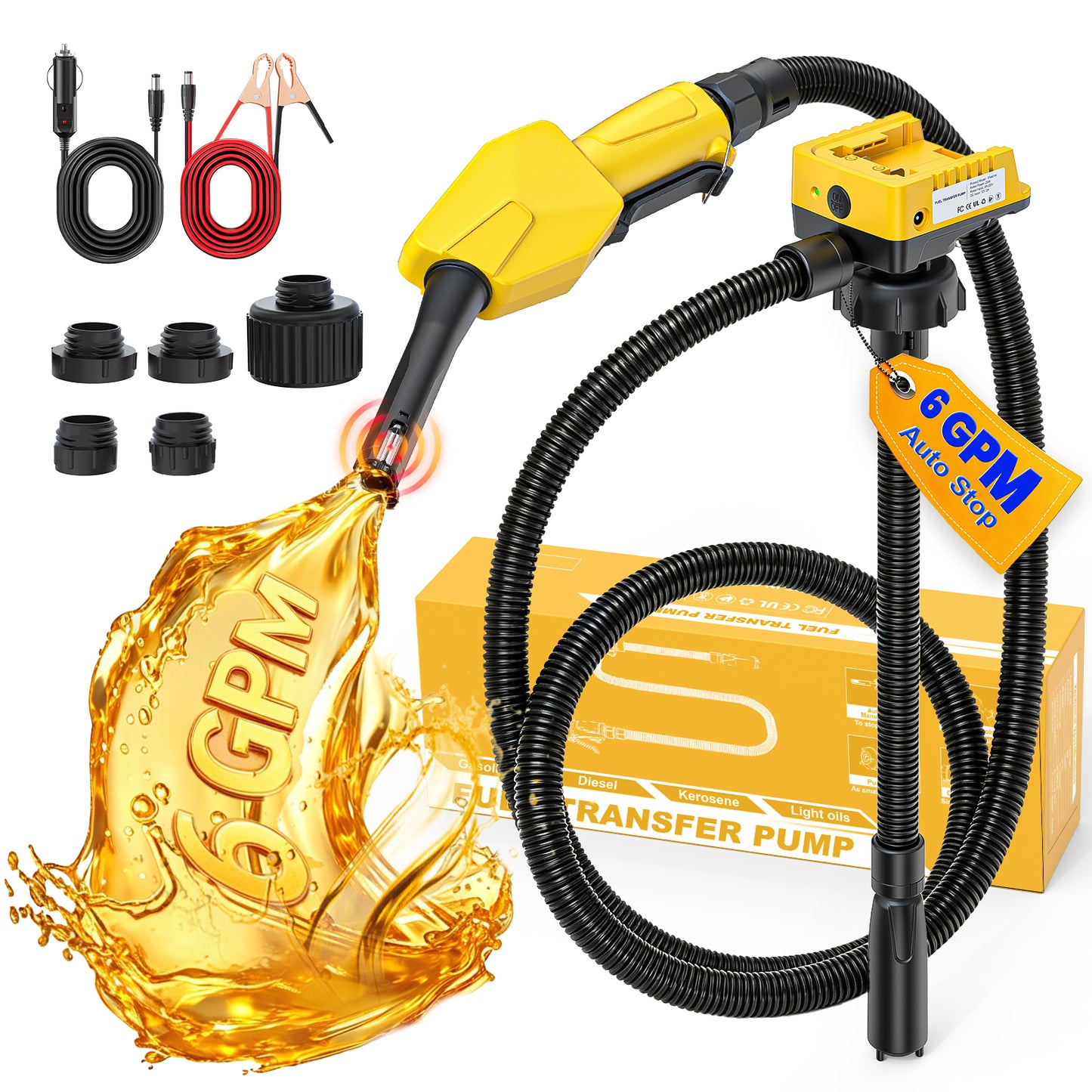 DIYtoolifz 6 GPM Cordless Fuel Transfer Pump Compatible with Dewalt 20V | Battery Powered Gas Pump Compatible with Milwaukee 18V, Auto-Stop & Hand Nozzle, 78 Inch Hose & 5 Adapters, Tool Only