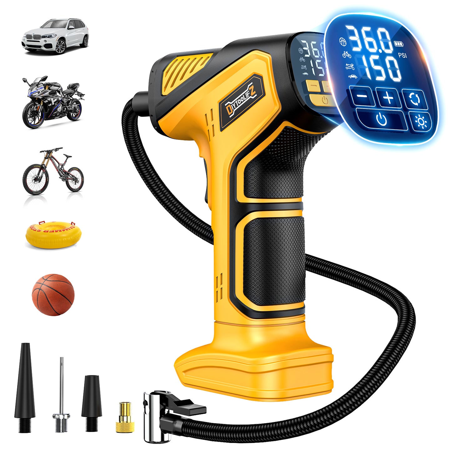 DIYtoolifz 150PSI Cordless Tire Inflator Compatible with Dewalt 20V Battery | Portable Air Compressor Pump Car Tire Pump with Digital Pressure Gauge & LED Light for Auto, Motorcycles, Balls (Tool Only)