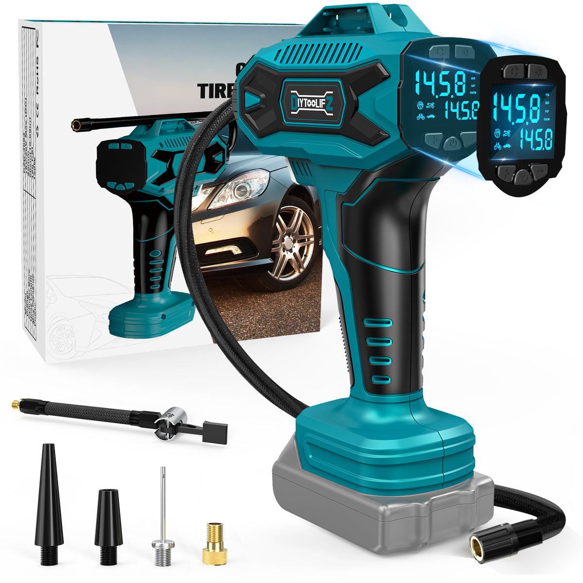 DIYtoolifz 160PSI Cordless Tire Inflator Compatible with Makita 18V Battery | Portable Air Compressor Air Pump with Digital Pressure Gauge, Fast Inflation for Cars, Motorcycles, Bikes (Tool Only)