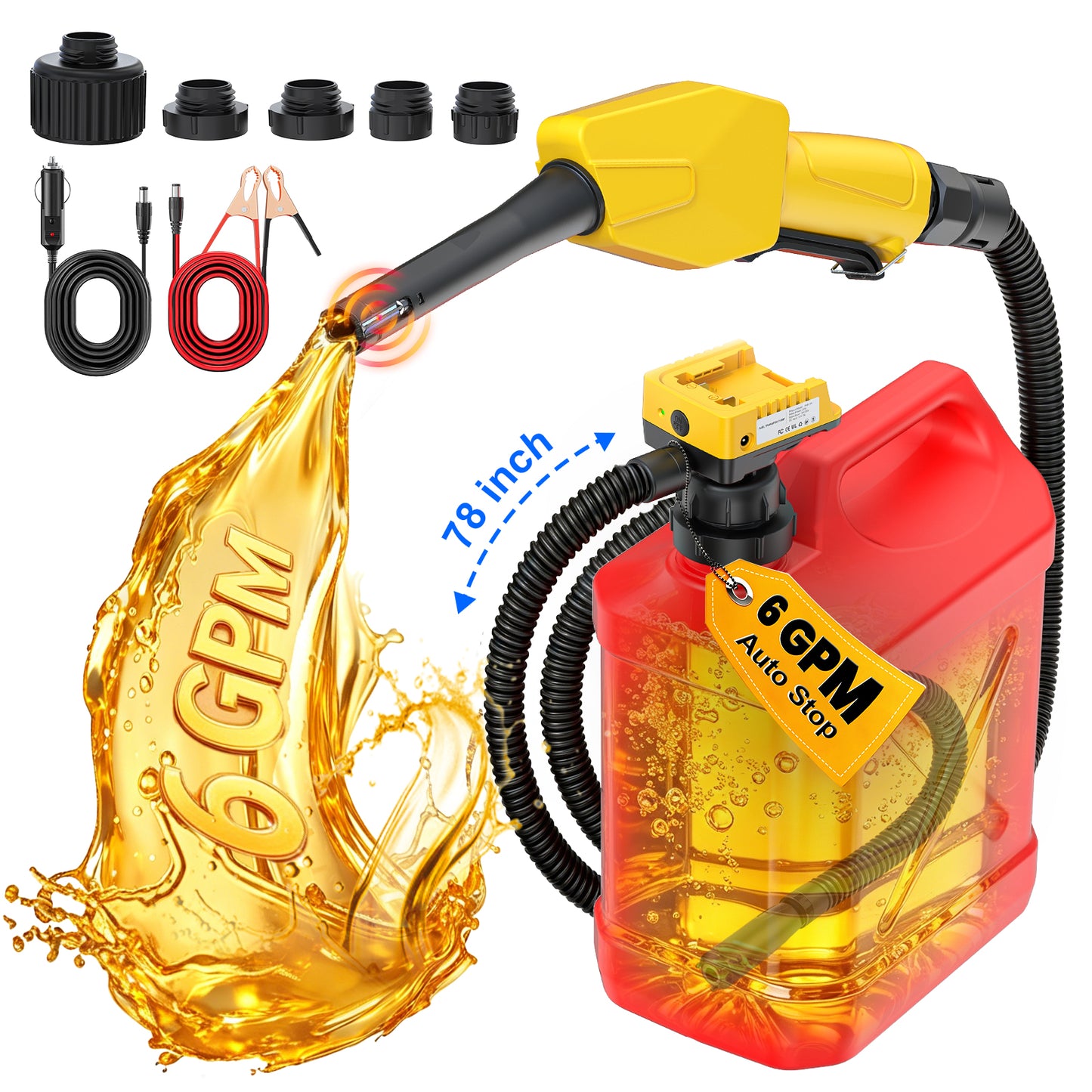 DIYtoolifz 6 GPM Cordless Fuel Transfer Pump Compatible with Dewalt 20V | Battery Powered Gas Pump Compatible with Milwaukee 18V, Auto-Stop & Hand Nozzle, 78 Inch Hose & 5 Adapters, Tool Only