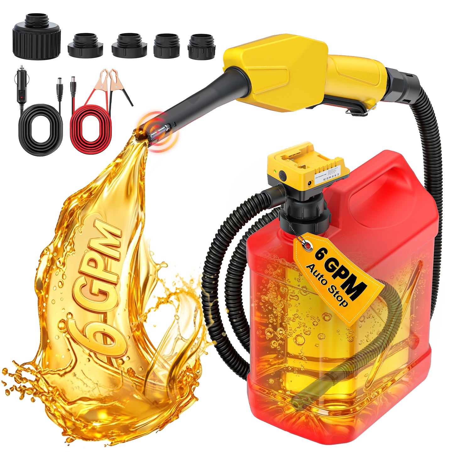 DIYtoolifz 6 GPM Cordless Fuel Transfer Pump Compatible with Dewalt 20V | Battery Powered Gas Pump Compatible with Milwaukee 18V, Auto-Stop & Hand Nozzle, 78 Inch Hose & 5 Adapters, Tool Only