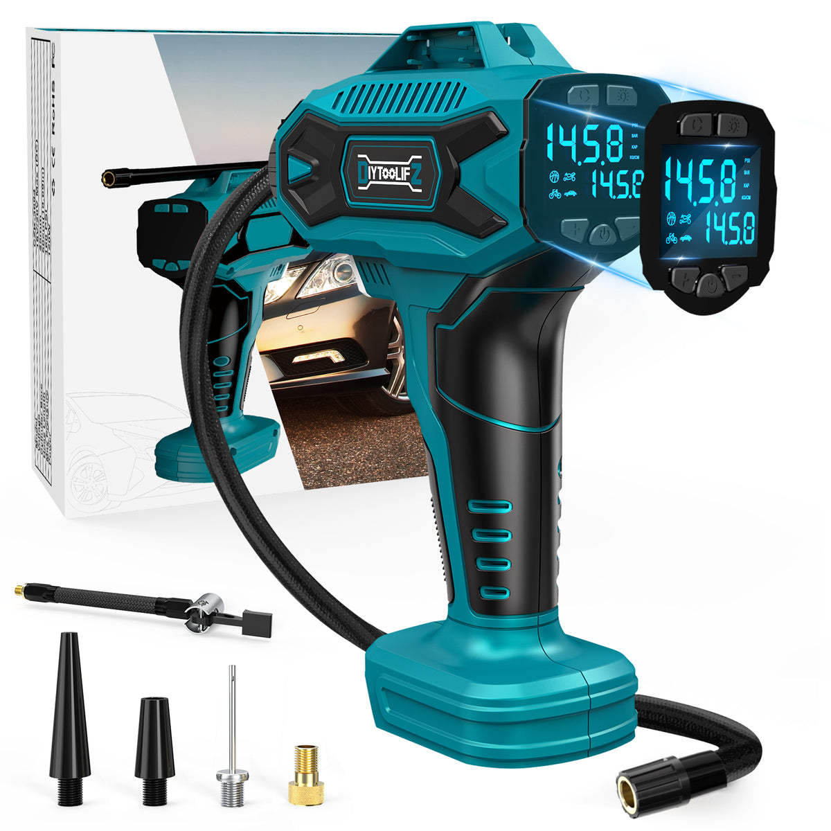 DIYtoolifz 160PSI Cordless Tire Inflator Compatible with Makita 18V Battery | Portable Air Compressor Air Pump with Digital Pressure Gauge, Fast Inflation for Cars, Motorcycles, Bikes (Tool Only)