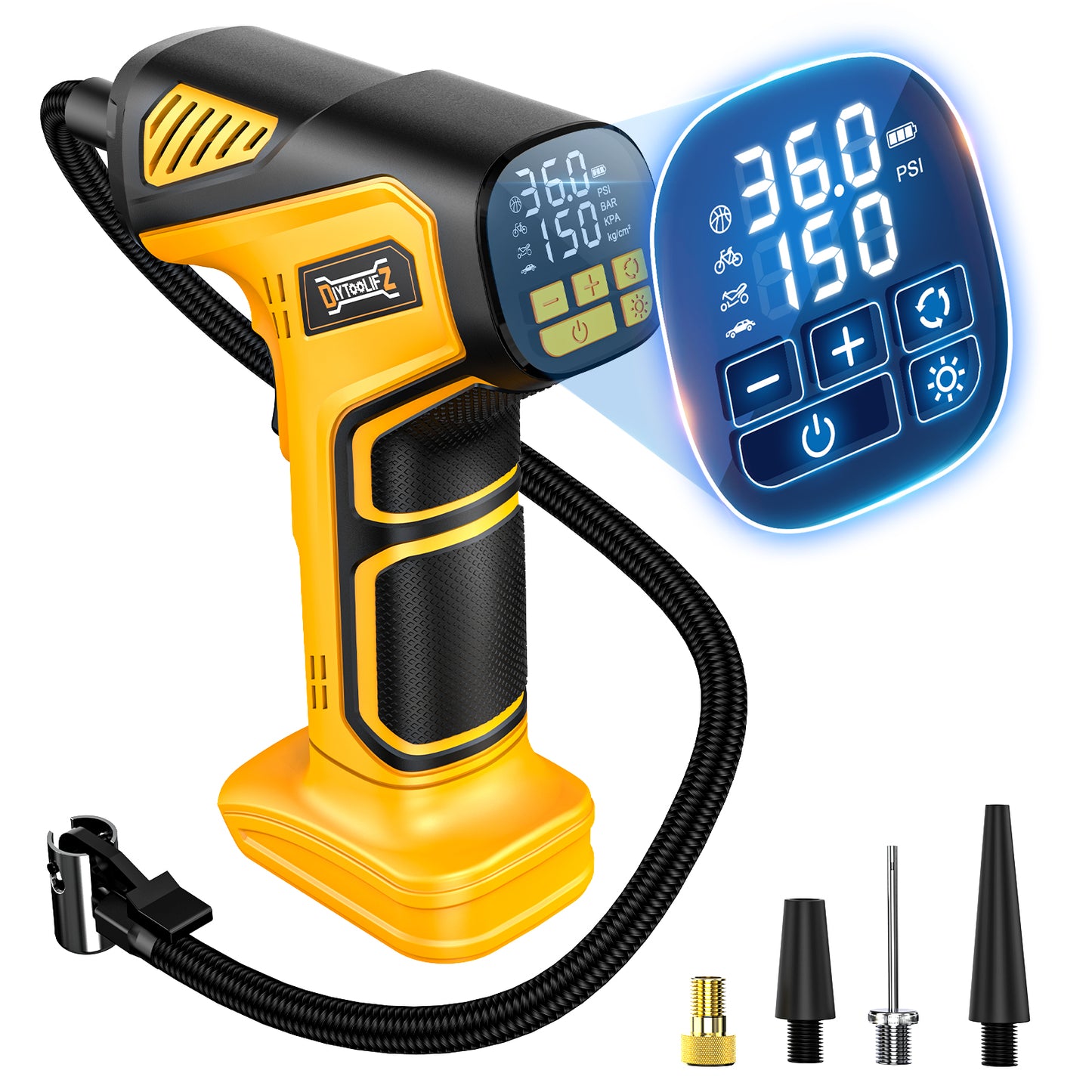 DIYtoolifz 150PSI Cordless Tire Inflator Compatible with Dewalt 20V Battery | Portable Air Compressor Pump Car Tire Pump with Digital Pressure Gauge & LED Light for Auto, Motorcycles, Balls (Tool Only)