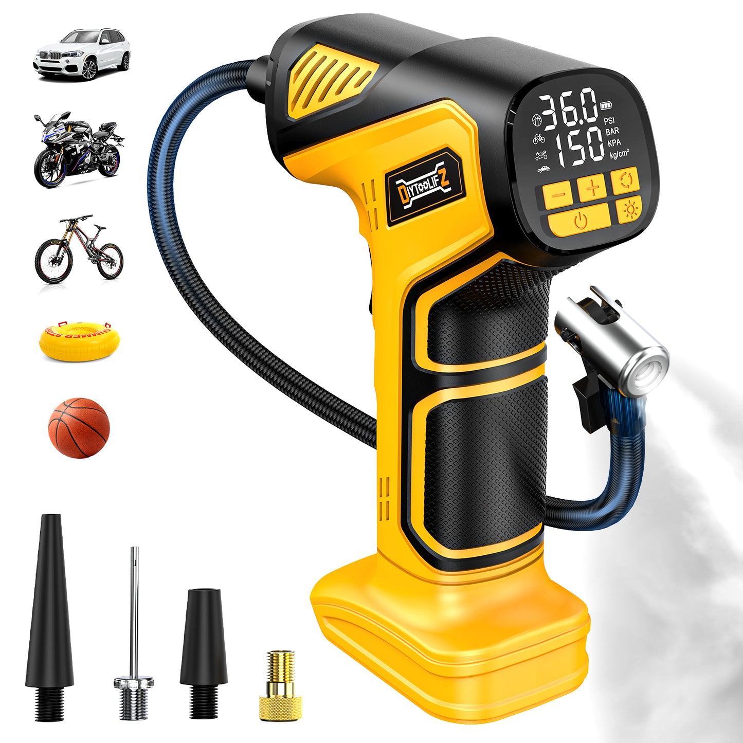 DIYtoolifz 150PSI Cordless Tire Inflator Compatible with Dewalt 20V Battery | Portable Air Compressor Pump Car Tire Pump with Digital Pressure Gauge & LED Light for Auto, Motorcycles, Balls (Tool Only)