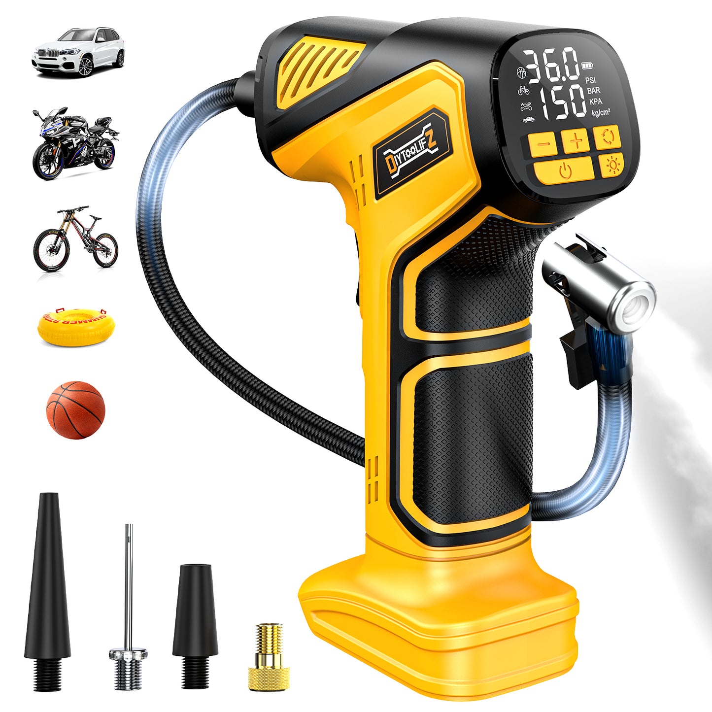 DIYtoolifz 150PSI Cordless Tire Inflator Compatible with Dewalt 20V Battery | Portable Air Compressor Pump Car Tire Pump with Digital Pressure Gauge & LED Light for Auto, Motorcycles, Balls (Tool Only)