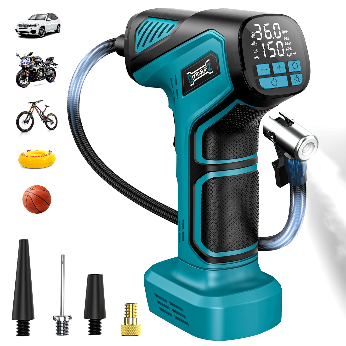 DIYtoolifz 150PSI Cordless Tire Inflator Compatible with Makita 18V Battery | Portable Air Compressor Pump Car Tire Pump with Digital Pressure Gauge & LED Light for Auto, Motorcycles, Balls (Tool Only)