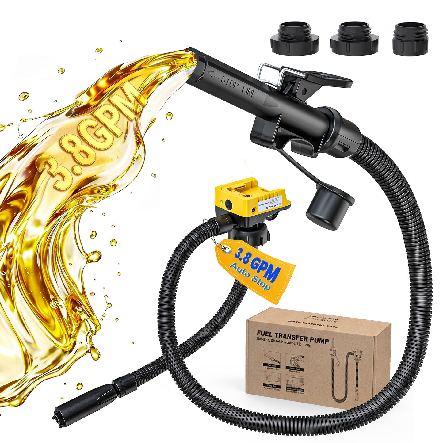 DIYtoolifz 3.8 GPM Cordless Fuel Transfer Pump with Auto-Stop | Compatible with DeWalt 20V & Milwaukee 18V Batteries, Gas Can Pump for Gasoline & Diesel, 51" Hose & 3 Adapters, Bare Tool