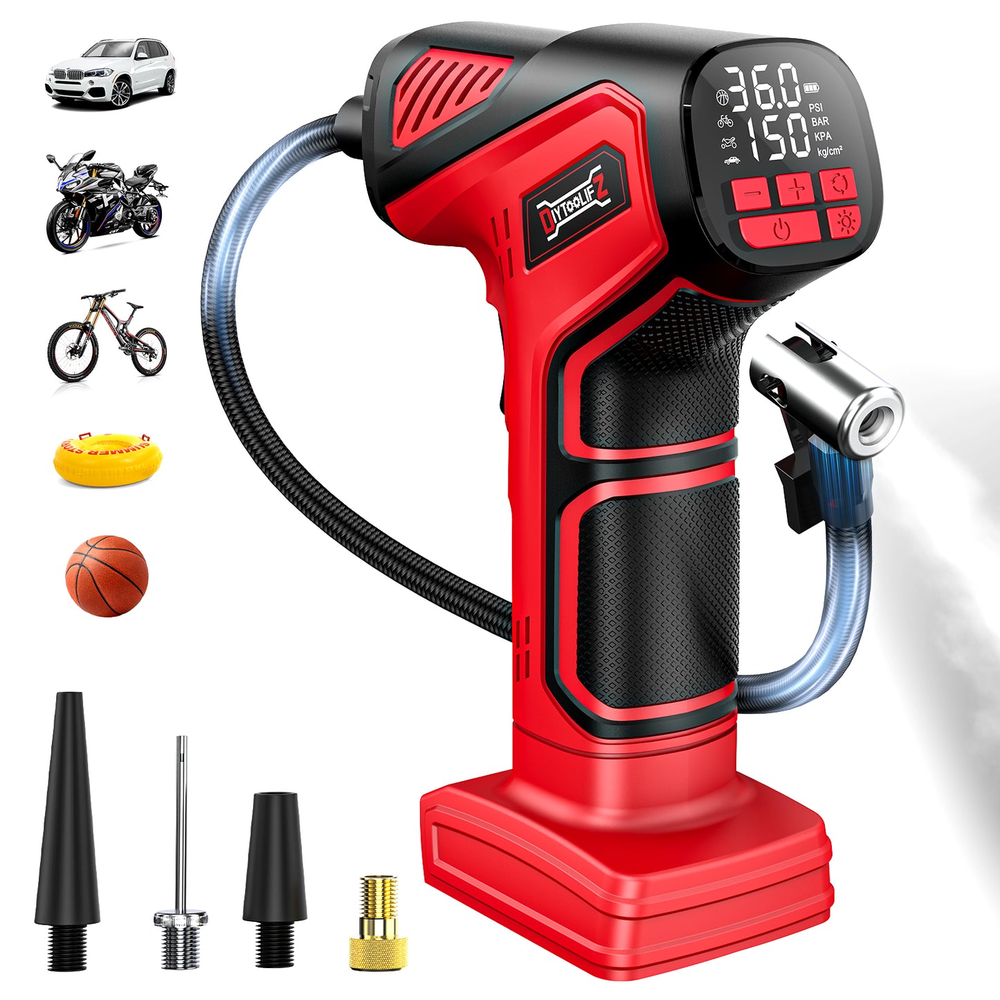 DIYtoolifz 150PSI Tire Inflator Compatible with Milwaukee 18V Battery | Portable Air Compressor Pump Car Tire Pump with Digital Pressure Gauge & LED Light for Auto, Motorcycles, Balls (Tool Only)