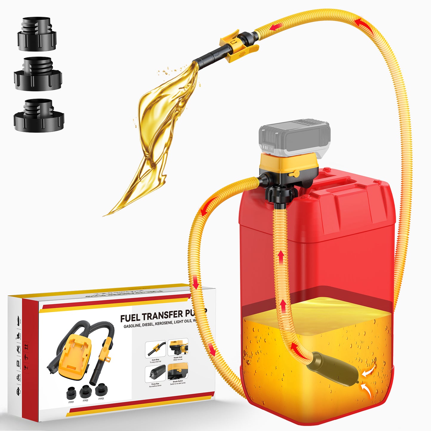DIYtoolifz Cordless Fuel Transfer Pump with Auto-Stop, 3.2 GPM Flow Portable Fuel Pump Compatible with DeWalt 20V & Milwaukee 18V Batteries, with 41'' Hose, 3 Adapters for Diesel, Gasoline (Bare Tool)