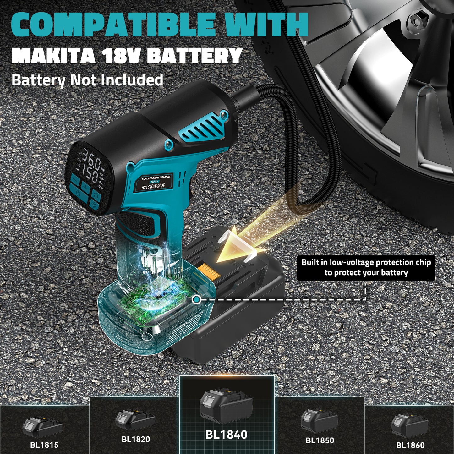 DIYtoolifz 150PSI Cordless Tire Inflator Compatible with Makita 18V Battery | Portable Air Compressor Pump Car Tire Pump with Digital Pressure Gauge & LED Light for Auto, Motorcycles, Balls (Tool Only)