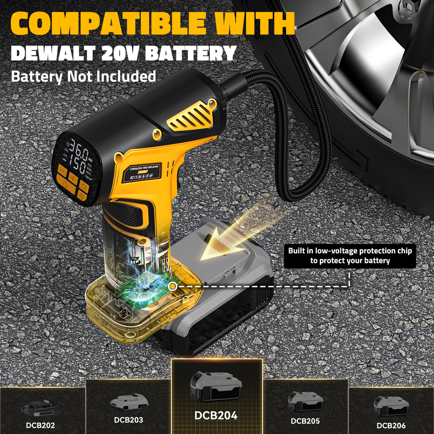 DIYtoolifz 150PSI Cordless Tire Inflator Compatible with Dewalt 20V Battery | Portable Air Compressor Pump Car Tire Pump with Digital Pressure Gauge & LED Light for Auto, Motorcycles, Balls (Tool Only)
