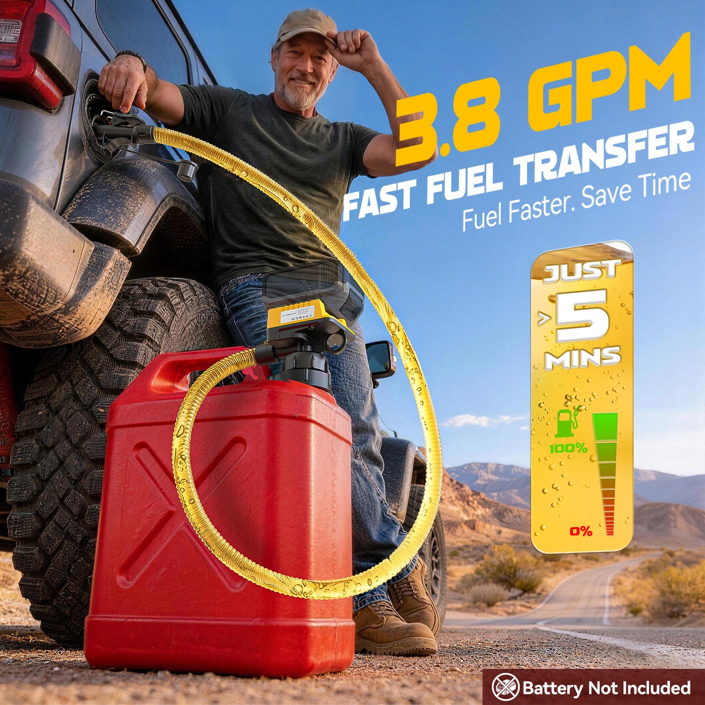 DIYtoolifz 3.8 GPM Cordless Fuel Transfer Pump with Auto-Stop | Compatible with DeWalt 20V & Milwaukee 18V Batteries, Gas Can Pump for Gasoline & Diesel, 51" Hose & 3 Adapters, Bare Tool