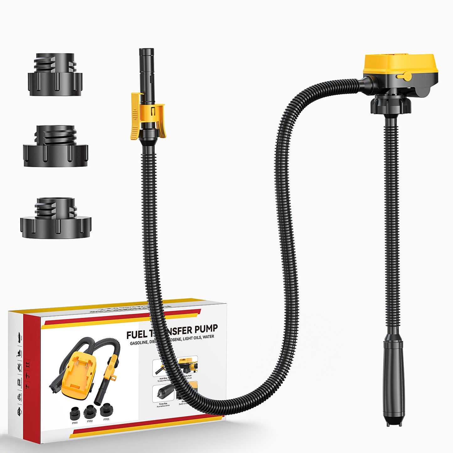 DIYtoolifz Cordless Fuel Transfer Pump with Auto-Stop, 3.2 GPM Flow Portable Fuel Pump Compatible with DeWalt 20V & Milwaukee 18V Batteries, with 41'' Hose, 3 Adapters for Diesel, Gasoline (Bare Tool)