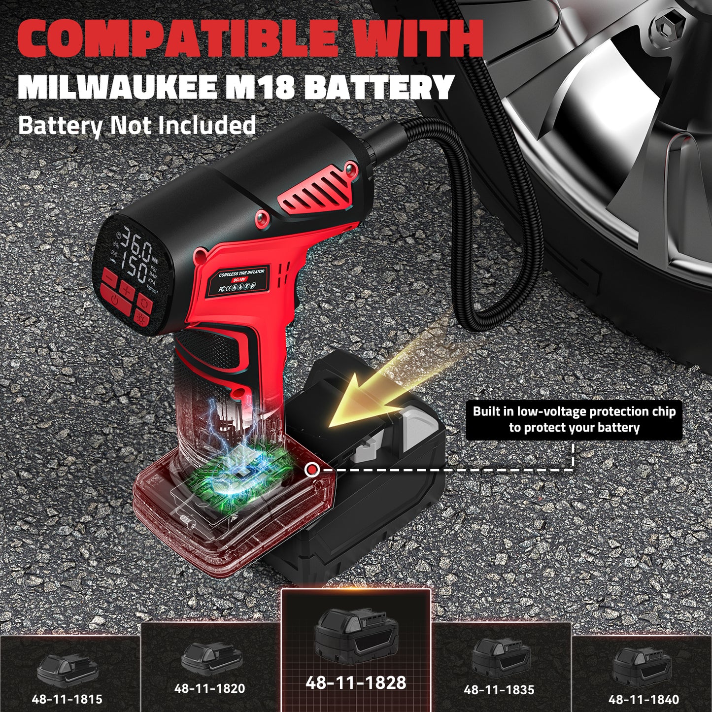 DIYtoolifz 150PSI Tire Inflator Compatible with Milwaukee 18V Battery | Portable Air Compressor Pump Car Tire Pump with Digital Pressure Gauge & LED Light for Auto, Motorcycles, Balls (Tool Only)