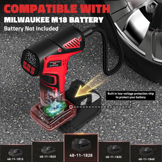 DIYtoolifz 150PSI Tire Inflator Compatible with Milwaukee 18V Battery | Portable Air Compressor Pump Car Tire Pump with Digital Pressure Gauge & LED Light for Auto, Motorcycles, Balls (Tool Only)
