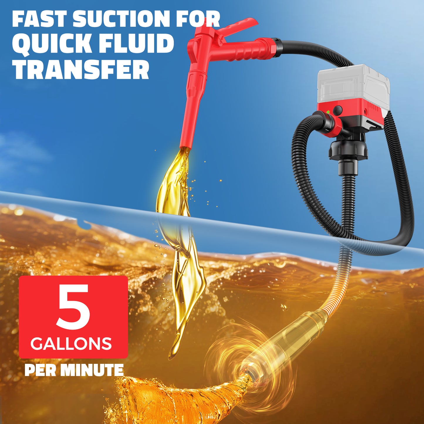 DIYtoolifz 5 GPM Cordless Fuel Transfer Pump Compatible with DeWalt 20V & Milwaukee 18V Batteries, Portable Gas Can Pump with 51" Hose, 5 Adapters, Gas Pump for Diesel, Gasoline (Bare Tool)