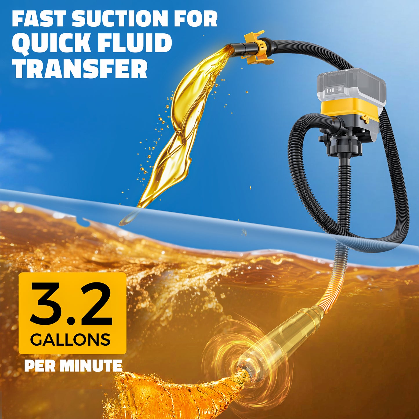DIYtoolifz Cordless Fuel Transfer Pump with Auto-Stop, 3.2 GPM Flow Portable Fuel Pump Compatible with DeWalt 20V & Milwaukee 18V Batteries, with 41'' Hose, 3 Adapters for Diesel, Gasoline (Bare Tool)