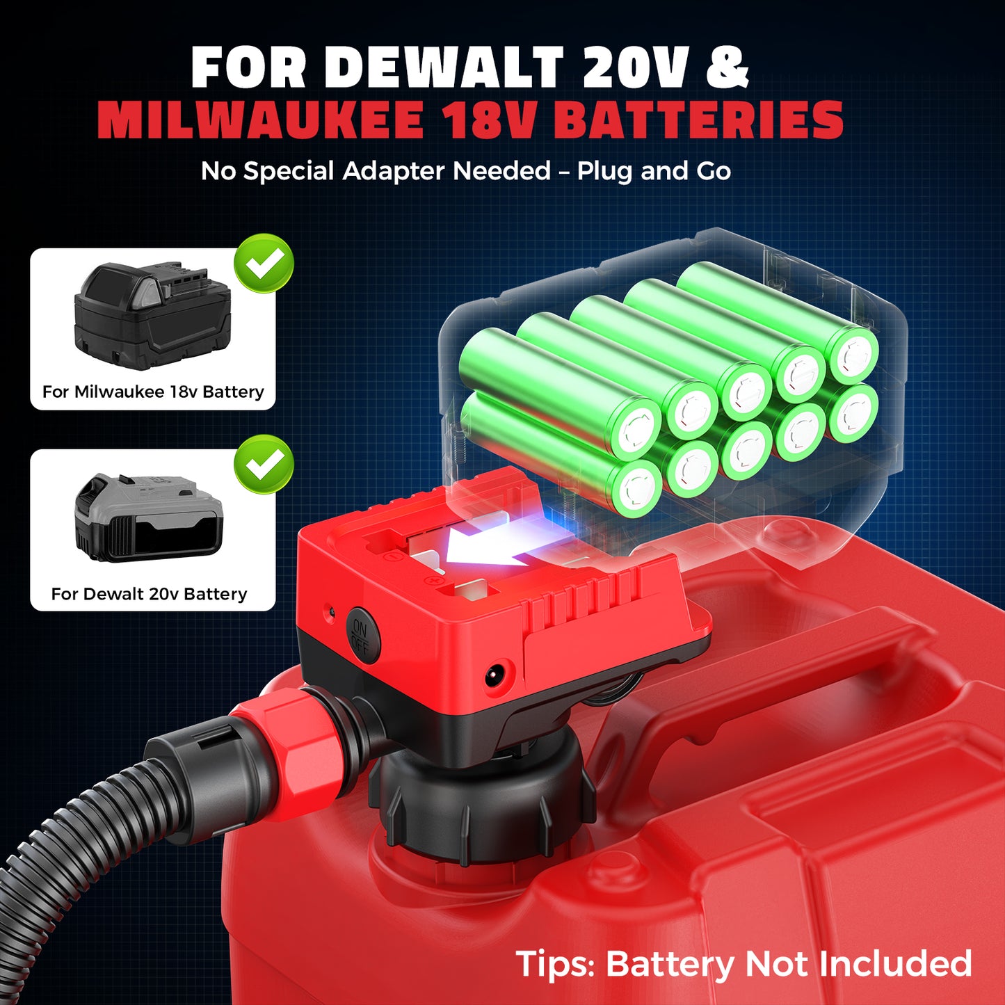 DIYtoolifz 5 GPM Cordless Fuel Transfer Pump Compatible with DeWalt 20V & Milwaukee 18V Batteries, Portable Gas Can Pump with 51" Hose, 5 Adapters, Gas Pump for Diesel, Gasoline (Bare Tool)