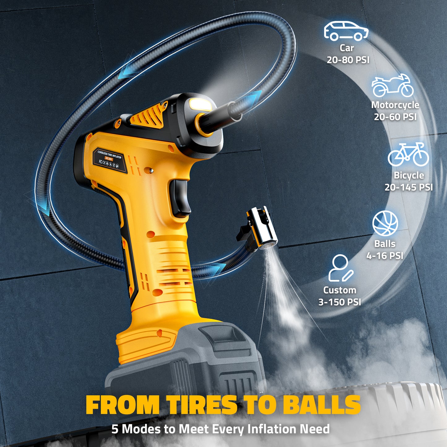 DIYtoolifz 150PSI Cordless Tire Inflator Compatible with Dewalt 20V Battery | Portable Air Compressor Pump Car Tire Pump with Digital Pressure Gauge & LED Light for Auto, Motorcycles, Balls (Tool Only)