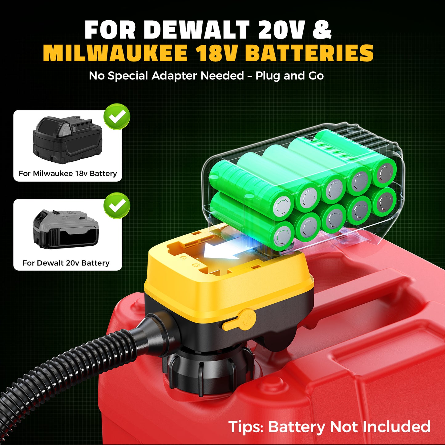 DIYtoolifz Cordless Fuel Transfer Pump with Auto-Stop, 3.2 GPM Flow Portable Fuel Pump Compatible with DeWalt 20V & Milwaukee 18V Batteries, with 41'' Hose, 3 Adapters for Diesel, Gasoline (Bare Tool)