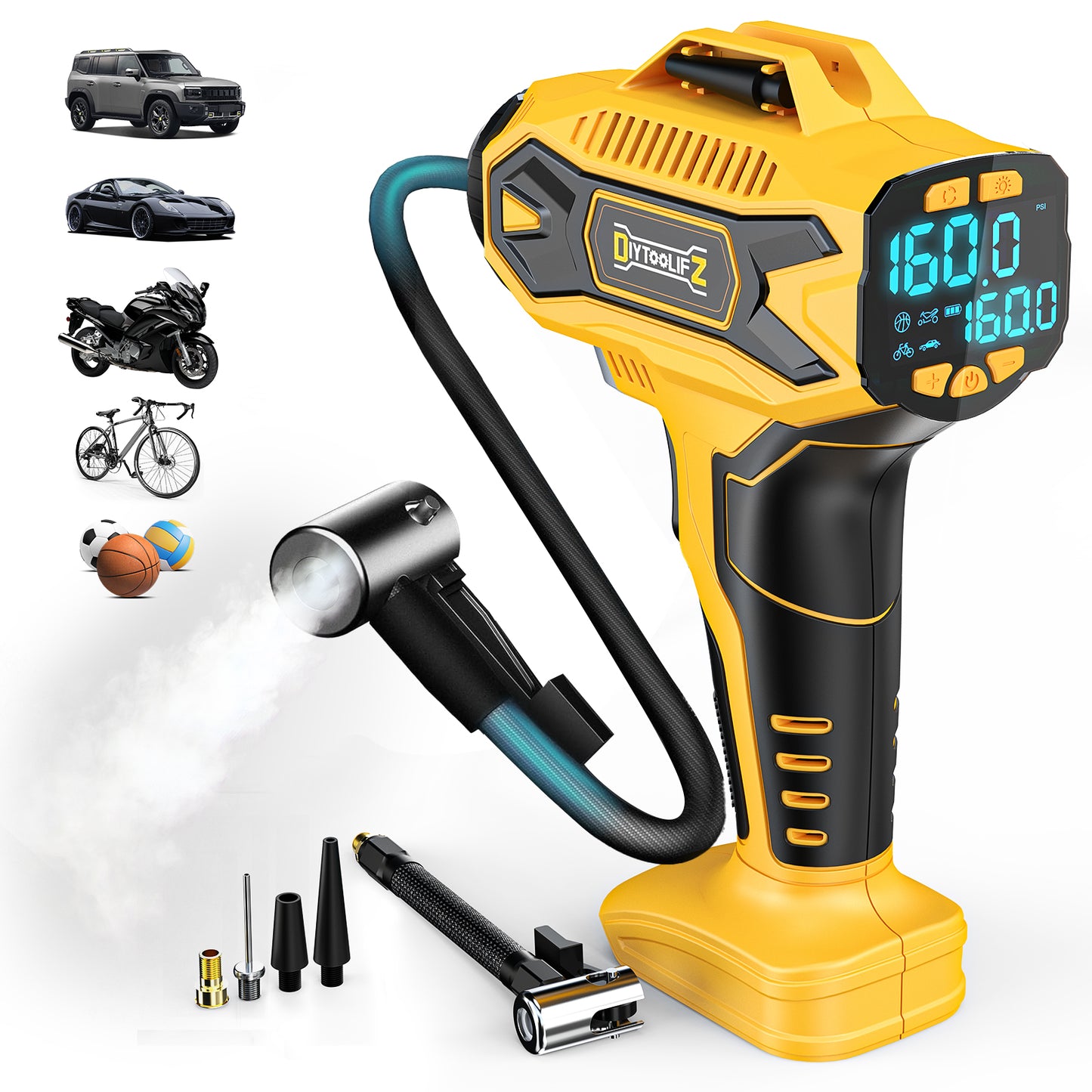 DIYtoolifz 160PSI Cordless Tire Inflator Compatible with Dewalt 20V Battery | Portable Air Compressor Air Pump with Digital Pressure Gauge, Fast Inflation for Cars, Motorcycles, Bikes (Tool Onlyl)