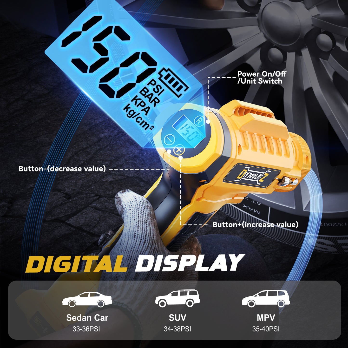 DIYtoolifz 160PSI Cordless Tire Inflator Compatible with Makita 18V Battery | Portable Air Compressor Air Pump with Digital Pressure Gauge, Fast Inflation for Cars, Motorcycles, Bikes (Tool Only)