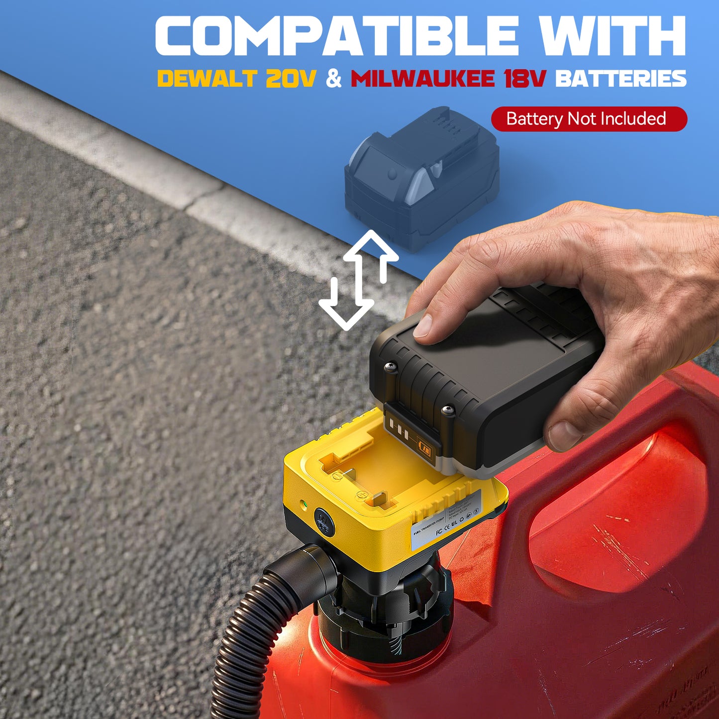 DIYtoolifz 3.8 GPM Cordless Fuel Transfer Pump with Auto-Stop | Compatible with DeWalt 20V & Milwaukee 18V Batteries, Gas Can Pump for Gasoline & Diesel, 51" Hose & 3 Adapters, Bare Tool