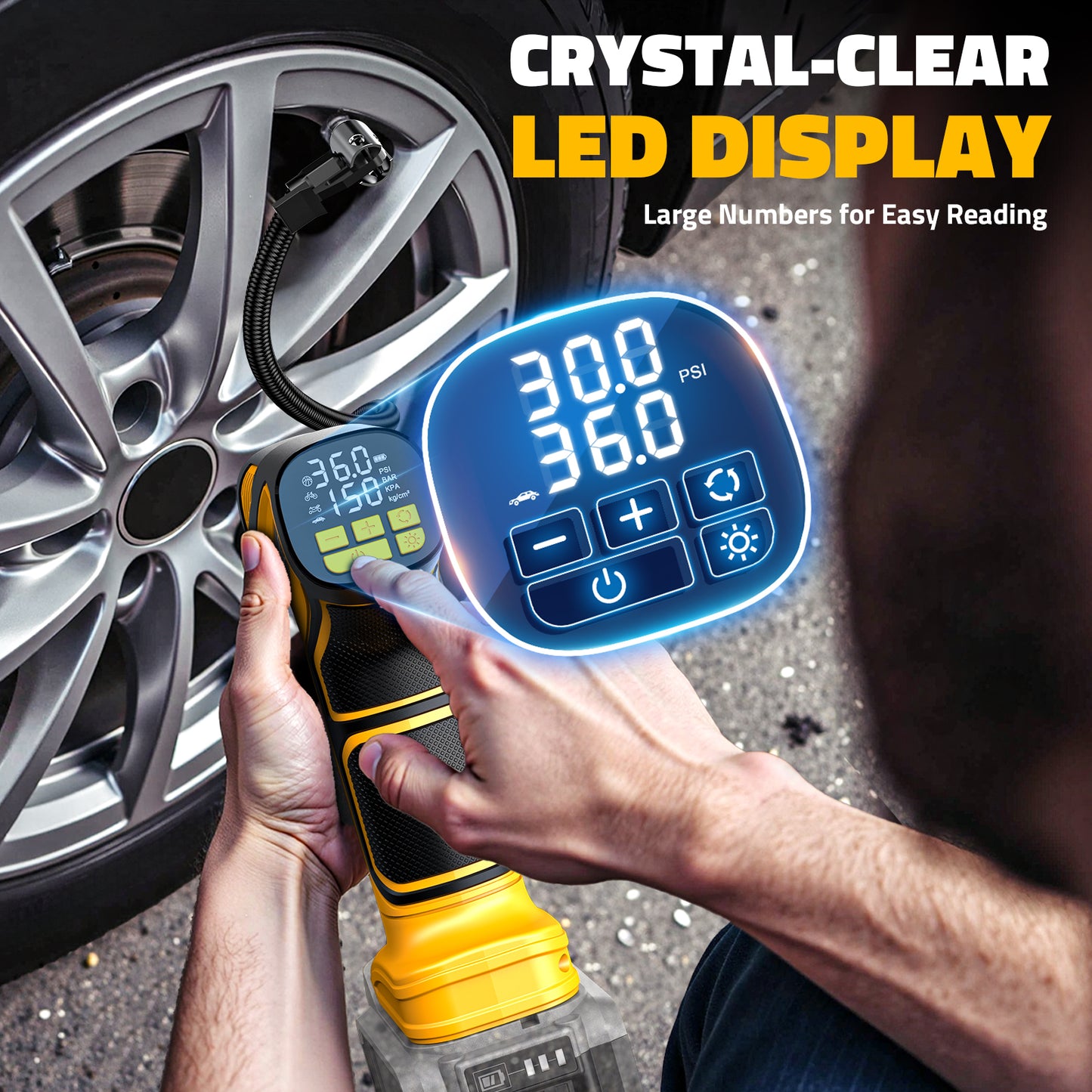 DIYtoolifz 150PSI Cordless Tire Inflator Compatible with Dewalt 20V Battery | Portable Air Compressor Pump Car Tire Pump with Digital Pressure Gauge & LED Light for Auto, Motorcycles, Balls (Tool Only)