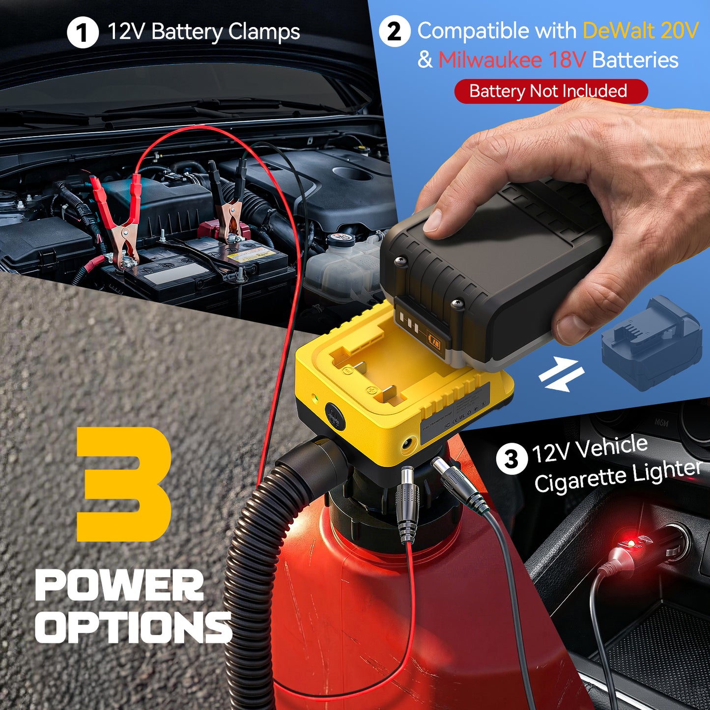 DIYtoolifz 6 GPM Cordless Fuel Transfer Pump Compatible with Dewalt 20V | Battery Powered Gas Pump Compatible with Milwaukee 18V, Auto-Stop & Hand Nozzle, 78 Inch Hose & 5 Adapters, Tool Only